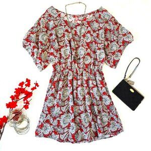 Women’s Boho Red White Paisley Floral Print Kimono Sleeve Mini Dress Sundress